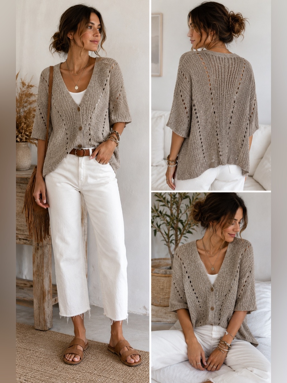Anthropologie Moth Knit Taupe Cardigan Sweater Button Front Short Sleeve Size L